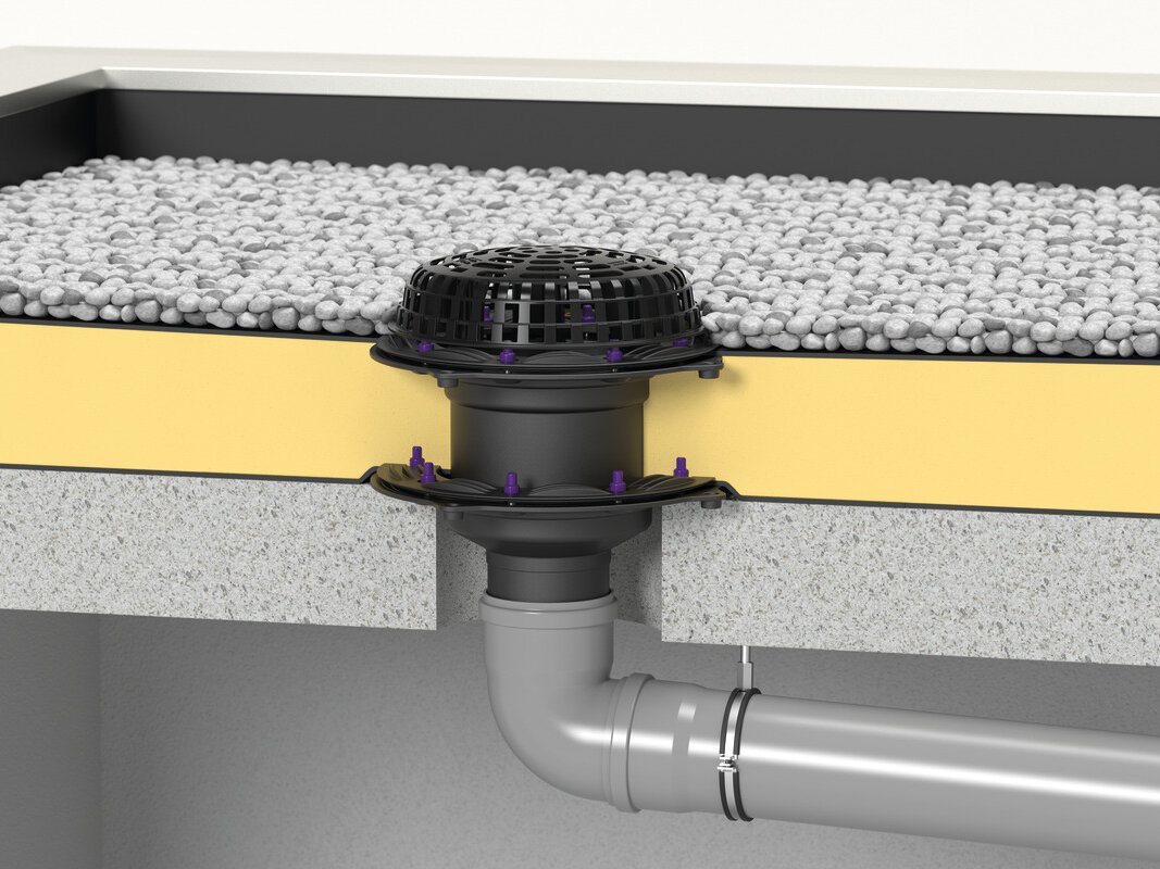 Inbouwvoorbeeld van de afvoer voor platte daken Ecoguss met dubbele afdichting voor inbouw in waterdicht beton