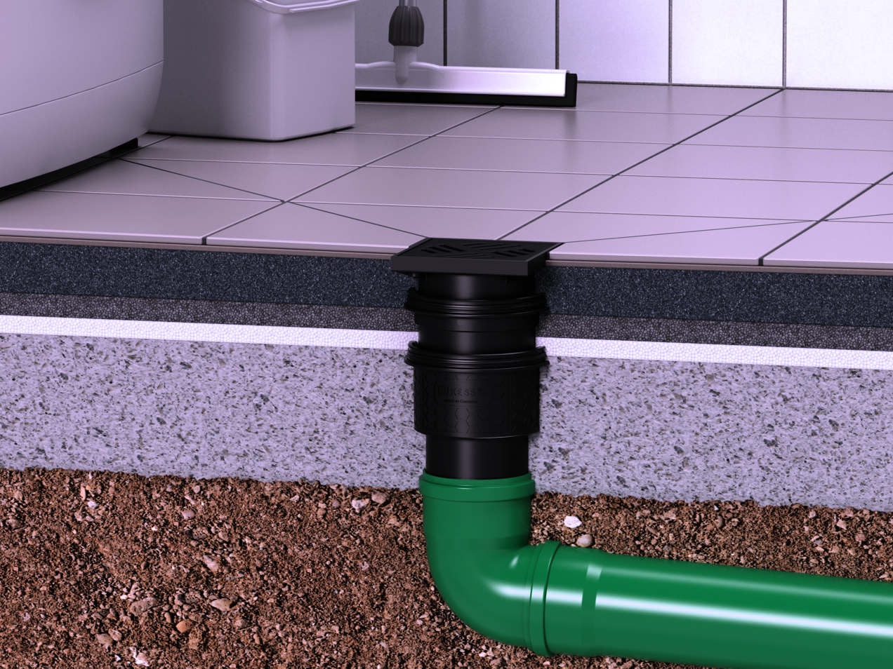 Practicus basement drain for floor slab installation, with a vertical outlet
