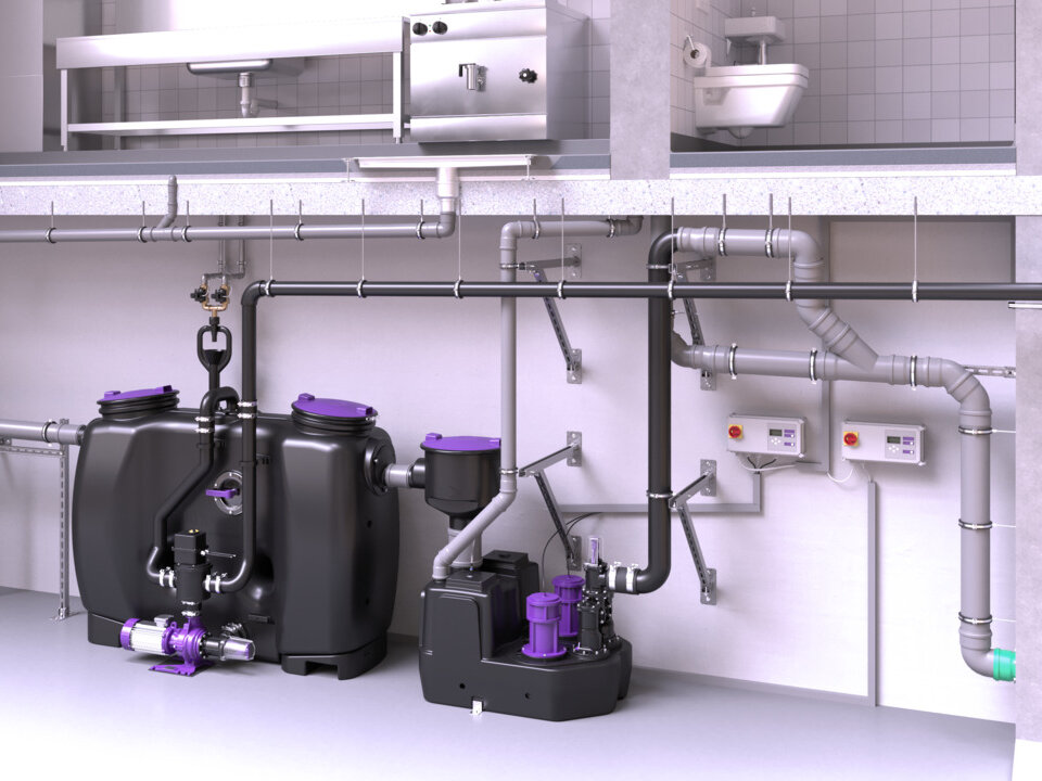 Installation diagram for Aqualift F XL downstream of a grease separator