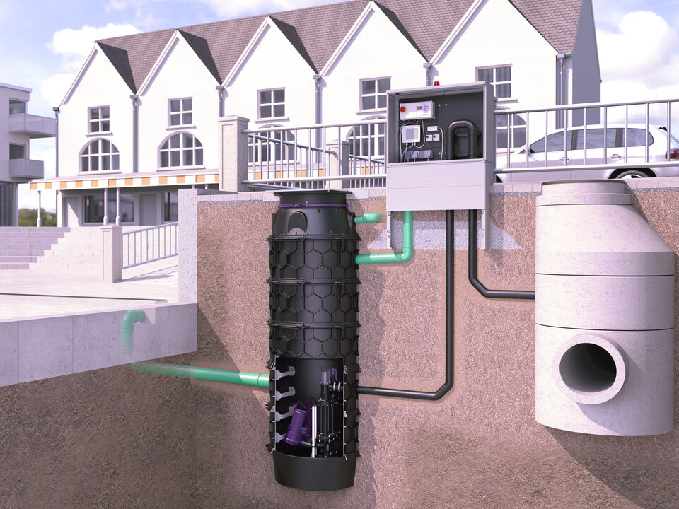 Installation diagram for Aquapump XL, wet installation for faecal-free wastewater